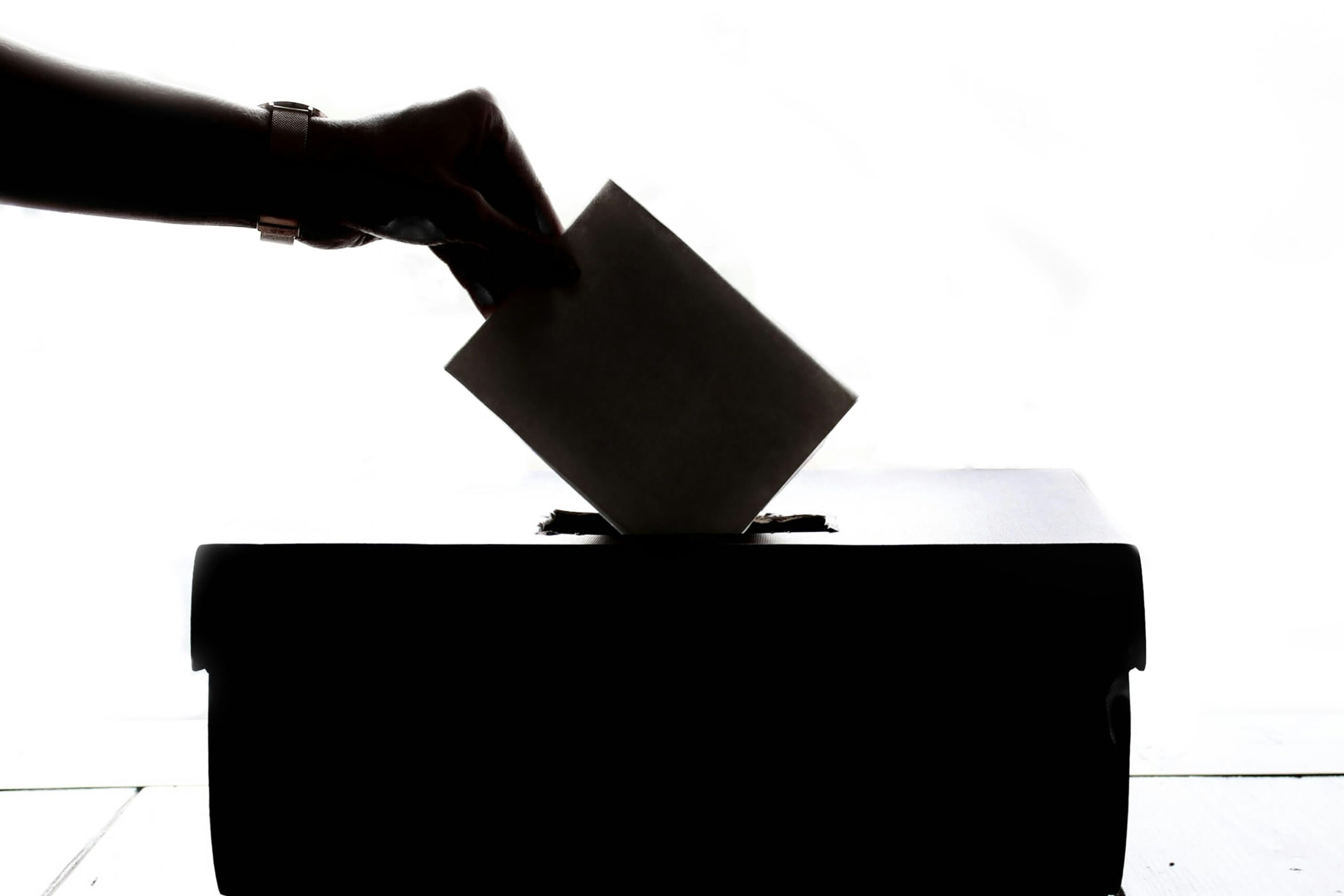 silhouette of a hand dropping a piece of paper into a ballot box